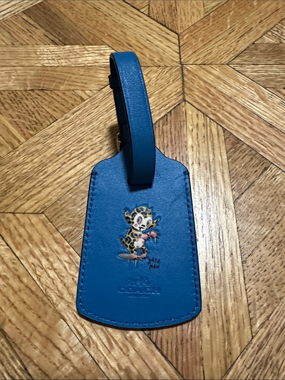 Coach Blue Leather Luggage Tag with Leopard-Print